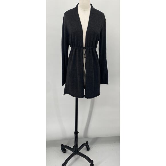 Eileen Fisher Merino Wool Cardigan Sweater Longline Cinched Tie Waist Gray Small - Picture 2 of 8